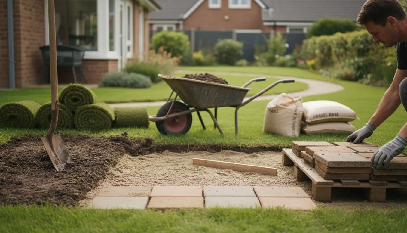 Genbrugte fliser lægges på en lille terrasse med spade, trillebør og sække med sand i baggrunden.