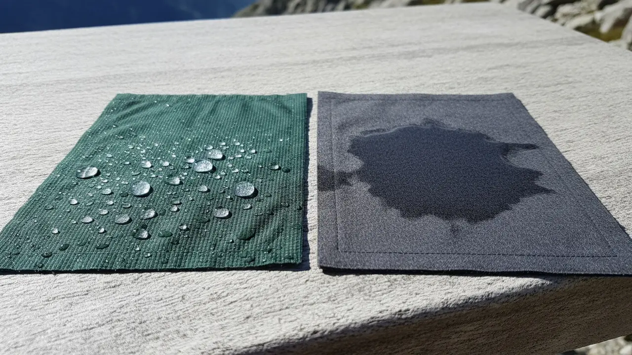 Nærbillede af jakkestof med vanddråber der perler og et stof hvor vand er suget ind