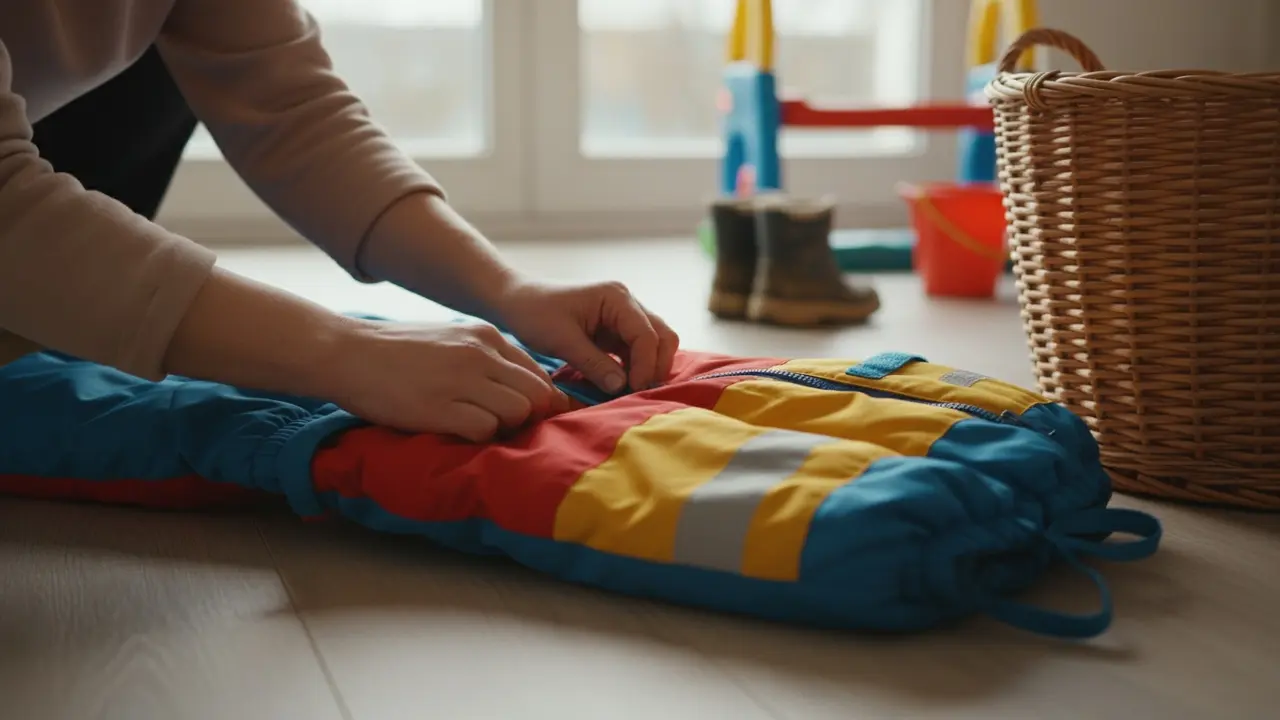Hænder lukker lynlås og fastgør velcro på en flyverdragt før vask