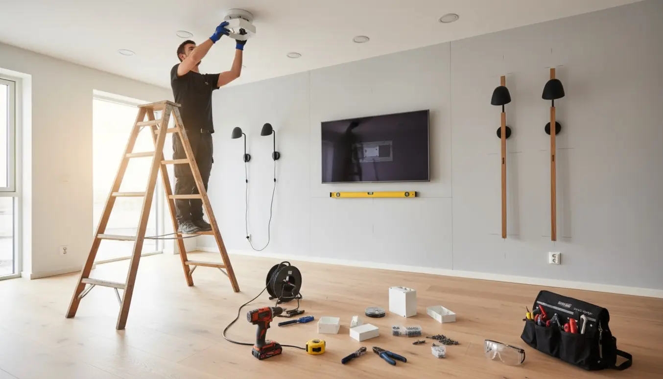 Elektriker på wienerstige monterer loftslampe og væghængt TV i en moderne stue med værktøj og materialer synlige.