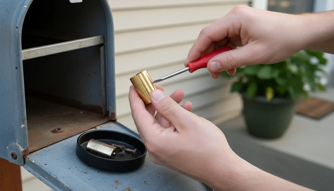 Hænder udskifter en cylinderlås i en åben postkasse med skruetrækker og skruer på en bakke.