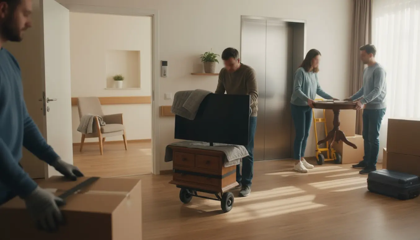 Flytning af møbler og kasser ind i en lys plejehjemsbolig, døtre og hjælpere uden tydelige ansigter.