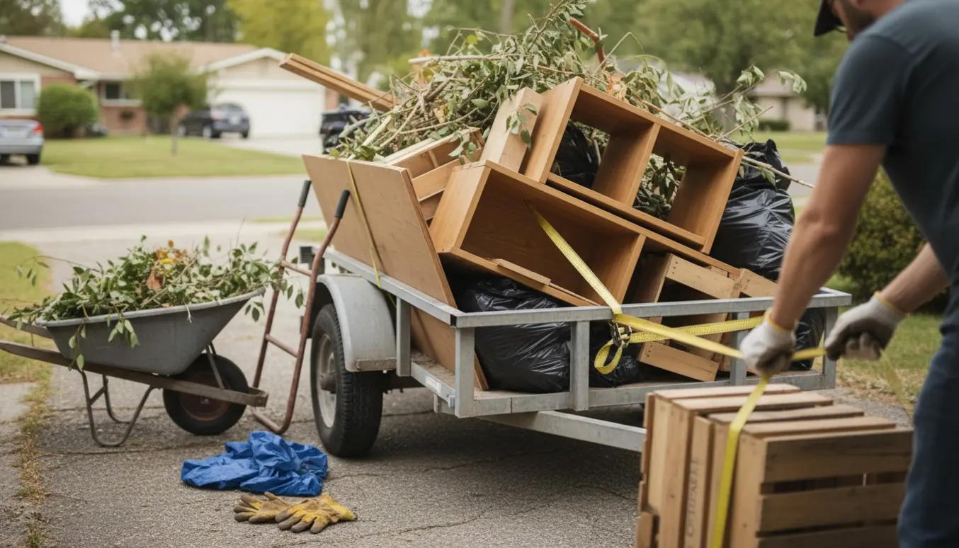 Trailer fyldt med haveaffald og demonterede møbler på indkørsel klar til bortkørsel.