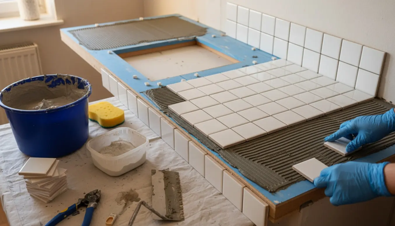 Handsker sætter hvide kvadratiske fliser på et langt køkkenbord med udskæringer til kogeplade og vask.