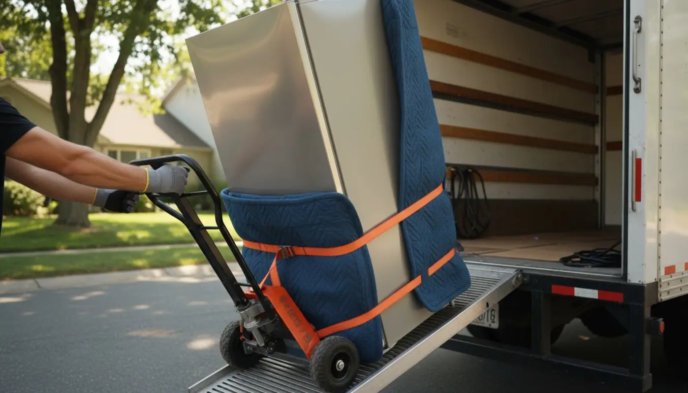 Et stort amerikansk køleskab på møbeldolly bliver sikret og løftet ind i en flyttebil i sollys.