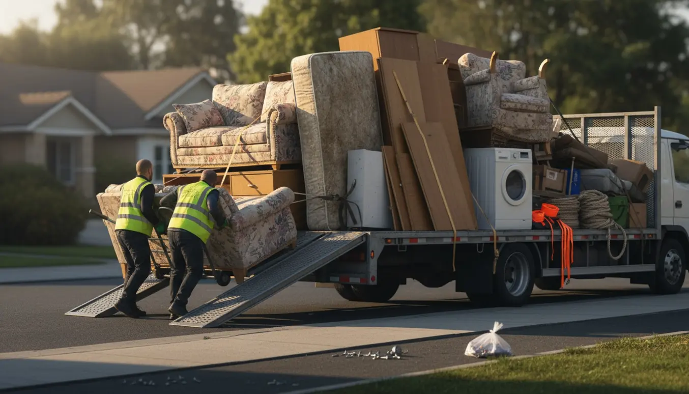 Storskrald som sofaer, hvidevarer og møbler bliver læsset på en åben lastbil på en rolig villavej.