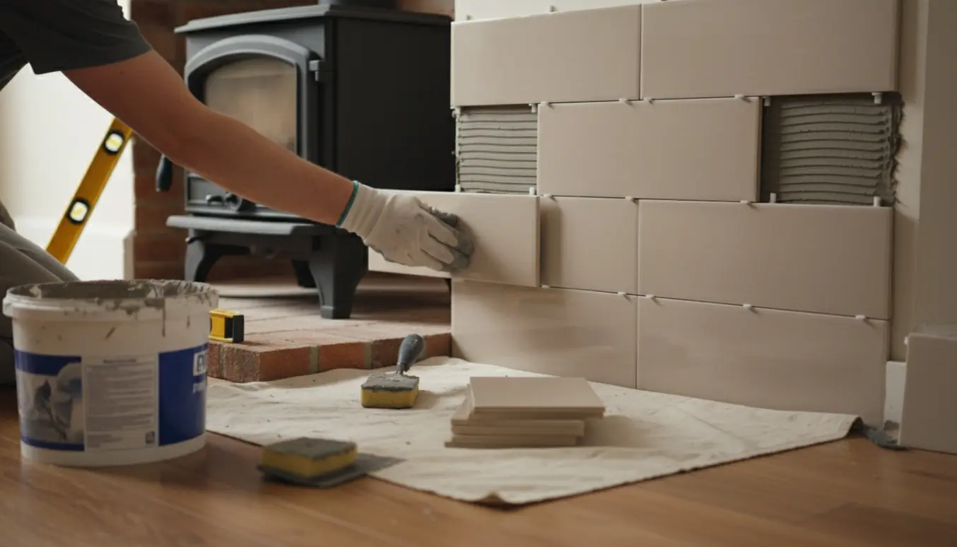 Hænder lægger fliser bag en brændeovn på et lille område med fliseklæber, fliseklodser og værktøj.