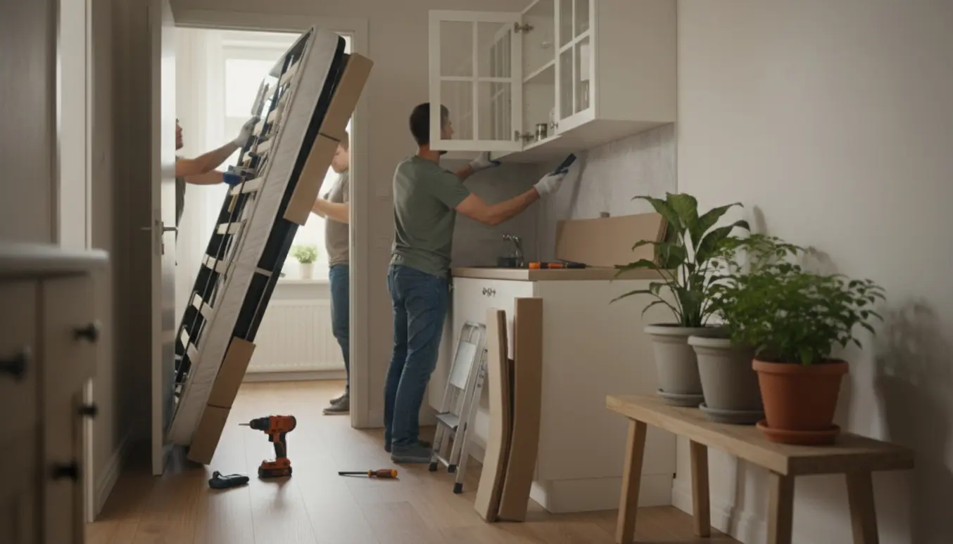 Flytning af en høj dobbeltseng, aftagning af et vægskab med glaslåger og tre krukker, der løftes op på en bænk.
