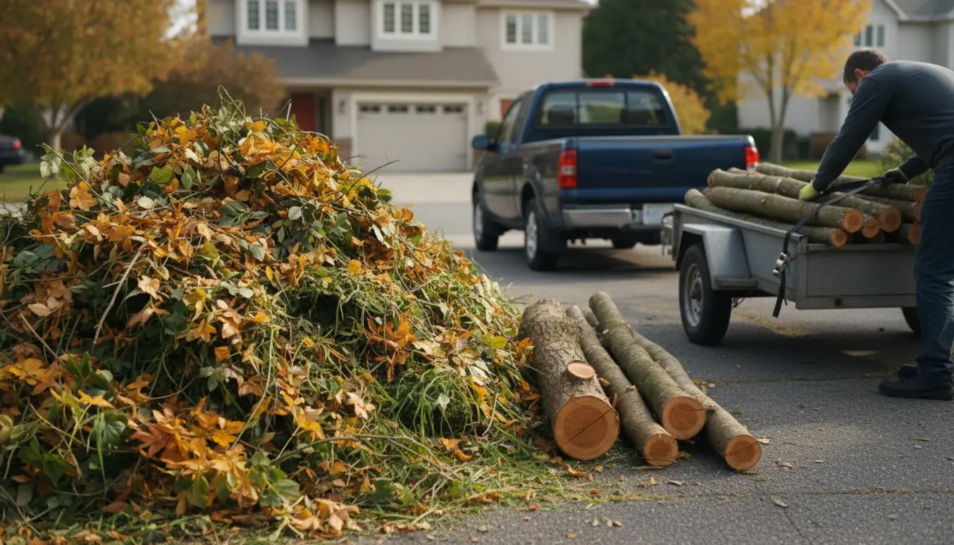Stor bunke haveaffald med skårne grene ved en trailer på parkeringsplads klar til afhentning.