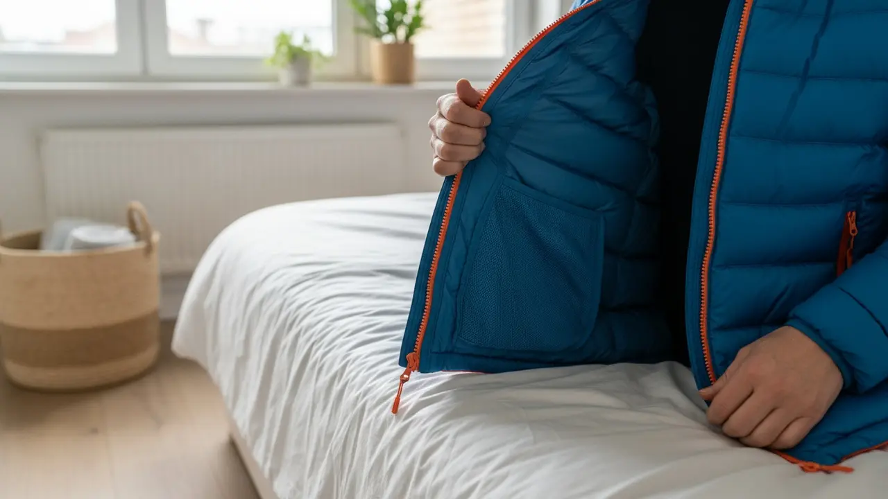 Person vender dunjakken med indersiden ud og lukker lynlåsen inden vask