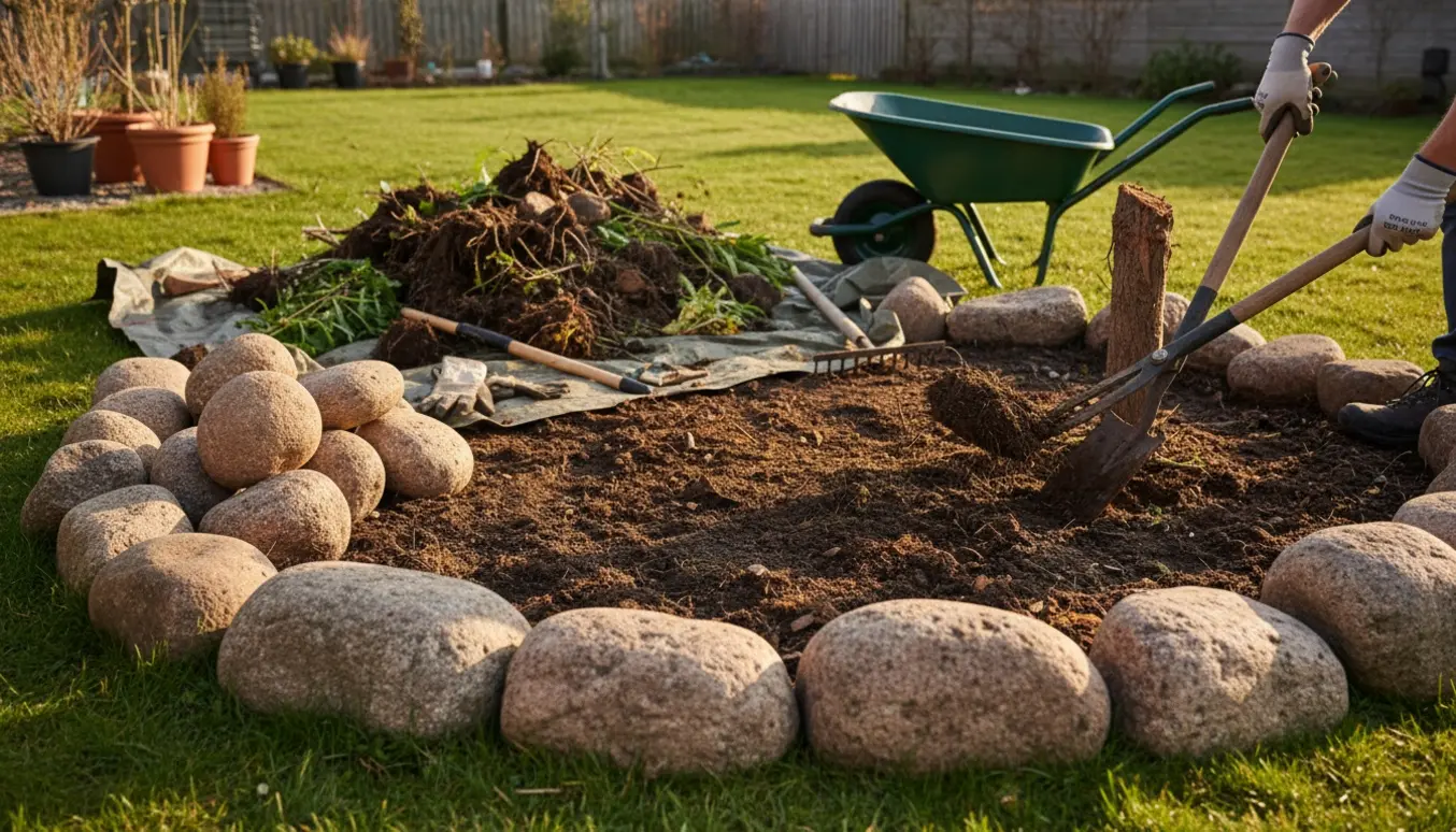 Et bed med store kampesten bliver ryddet med spade, beskæresakse og trillebør, mens bunker af fjernede planter ligger på et lærred.