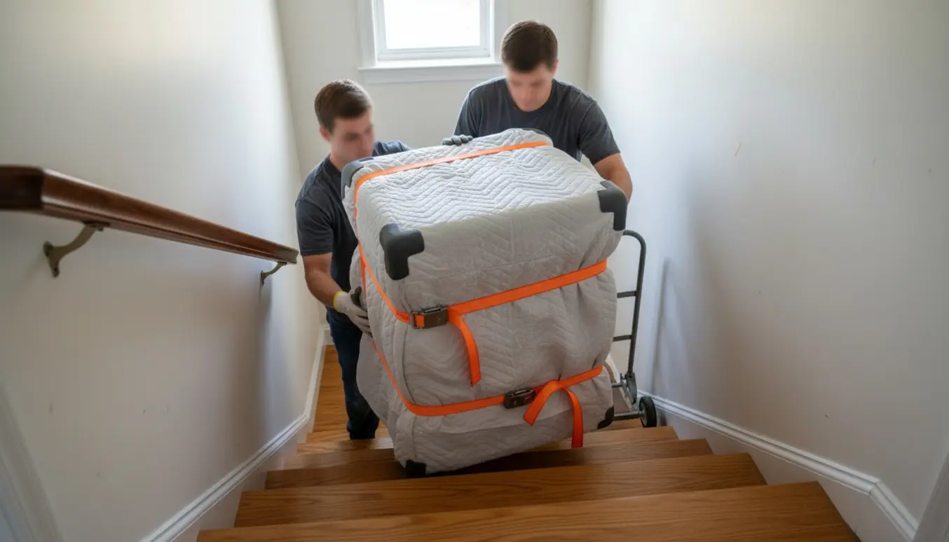 To personer bærer en indpakket vaskemaskine ned ad en smal trappe, sikret med remme og beskyttere.
