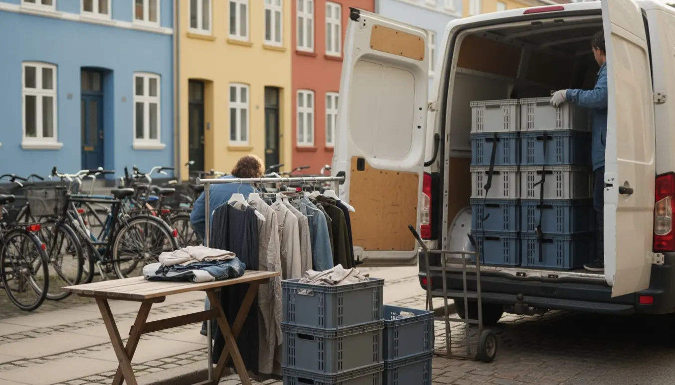 Klapbord, tøjstativ og stabler af plastikkasser læsses i en varevogn ved fortovet i København.