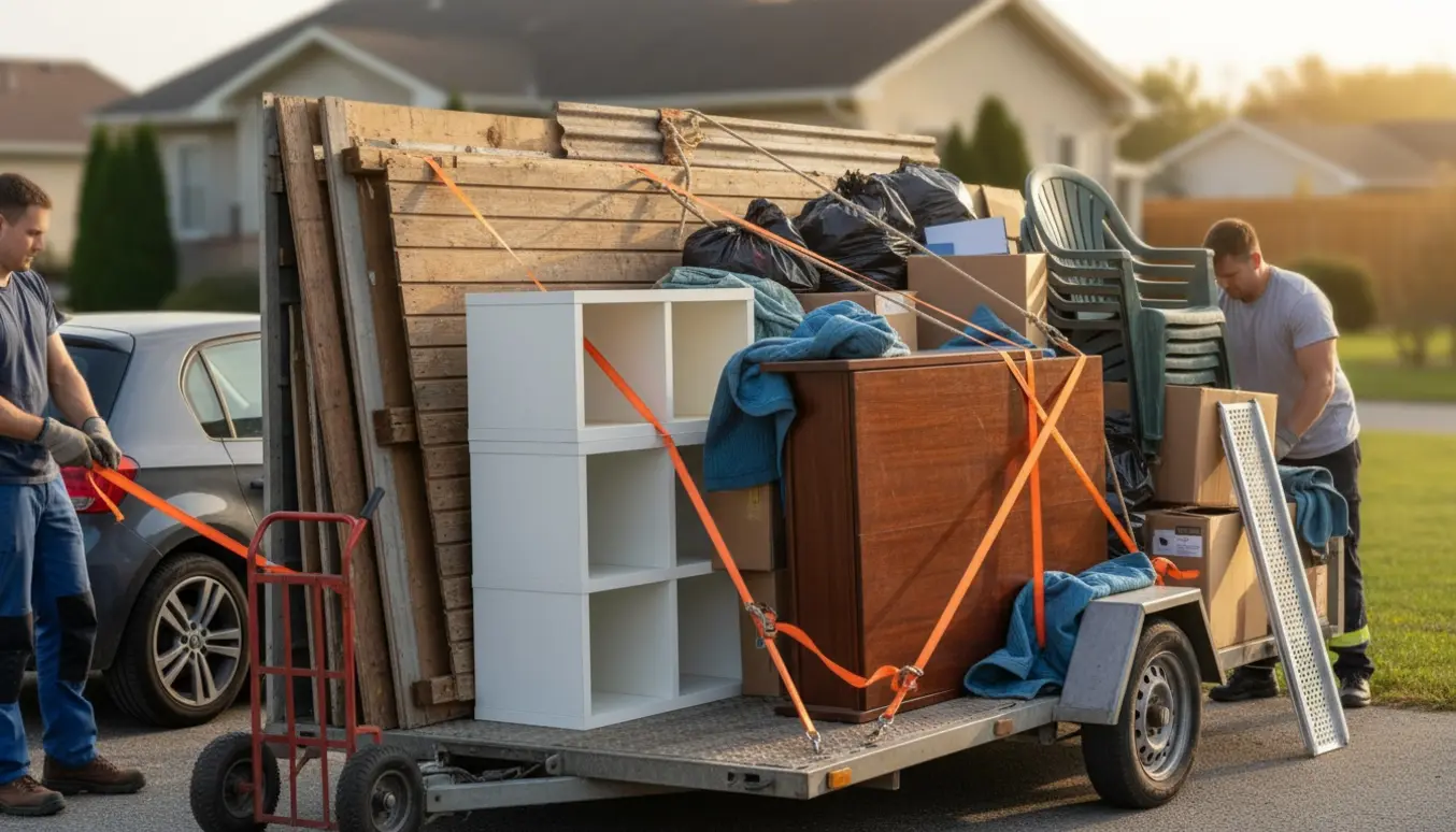 En trailer læsset med skurdele, reoler, et tungt bord og poser klar til kørsel til storskrald.