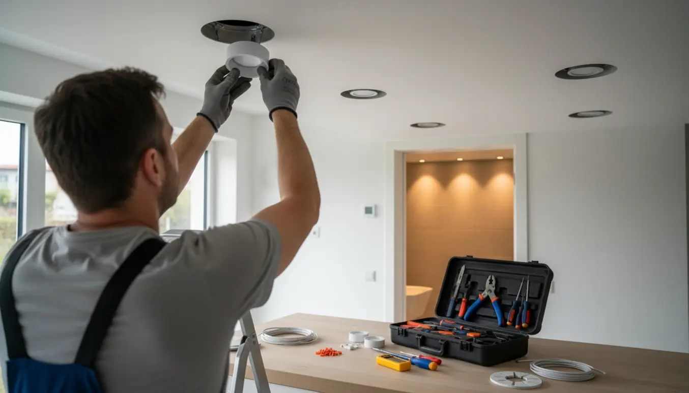 Autoriseret elektriker monterer indbyggede spots i et køkken, med tre tændte spots i badeværelset i baggrunden.