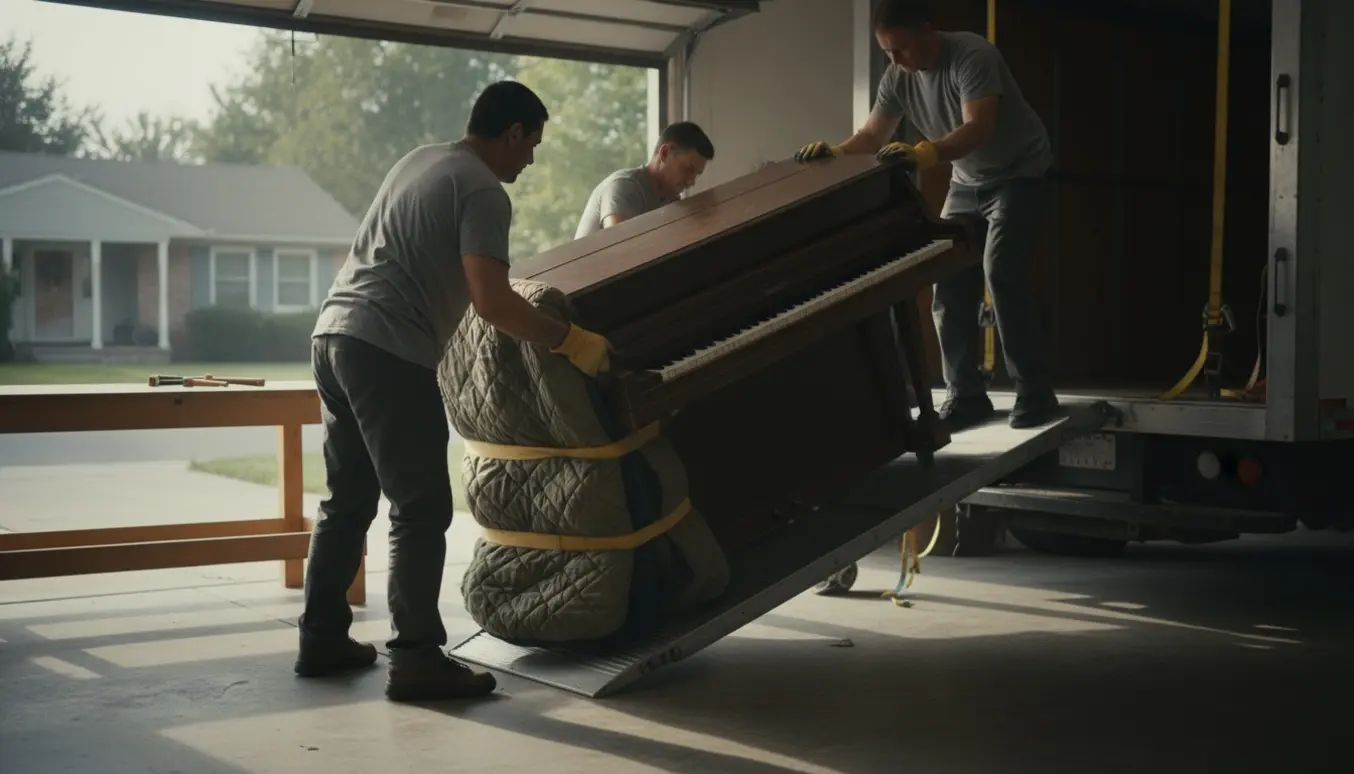 Et fuldt funktionelt klaver bæres ud af en garage og læsset på en varevogn af flyttemænd.