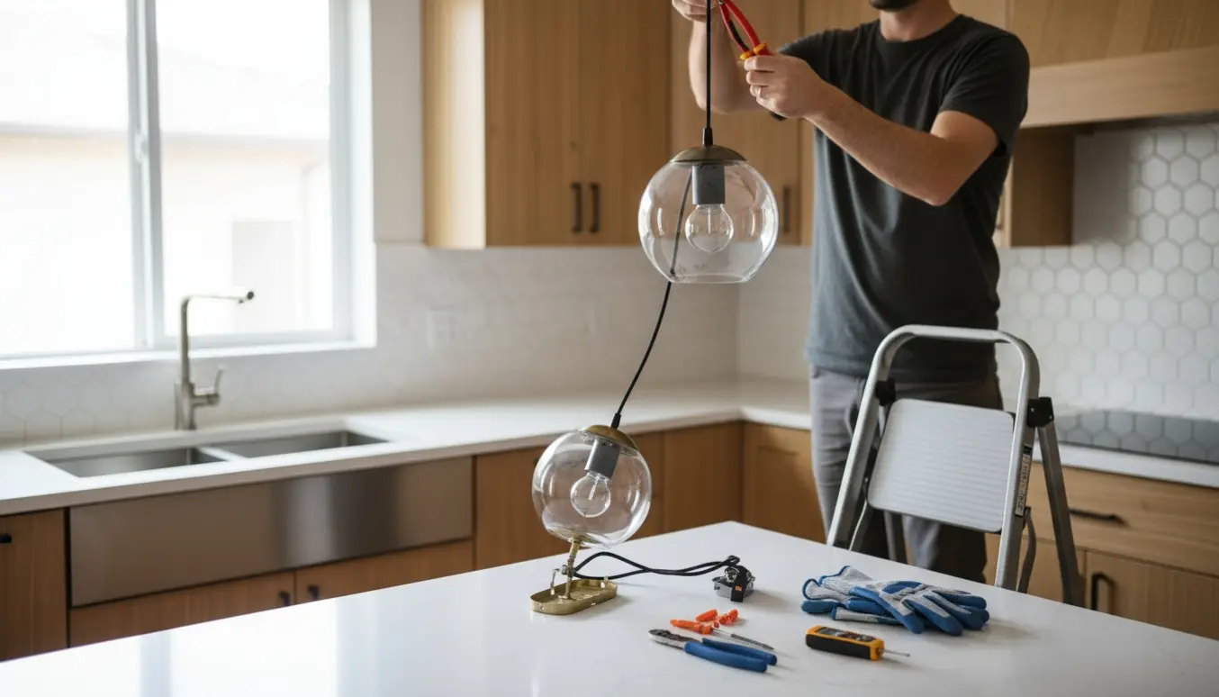 Nærbillede af opsætning af en globe-pendel i et køkken med sort stofledning og elektrikerhænder på en stige.