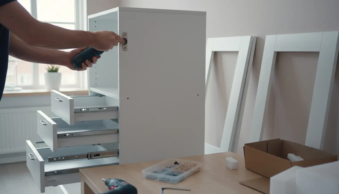 Hænder samler et hvidt højt køkkenskab hjemme med værktøj og åbne skuffer ved siden af.