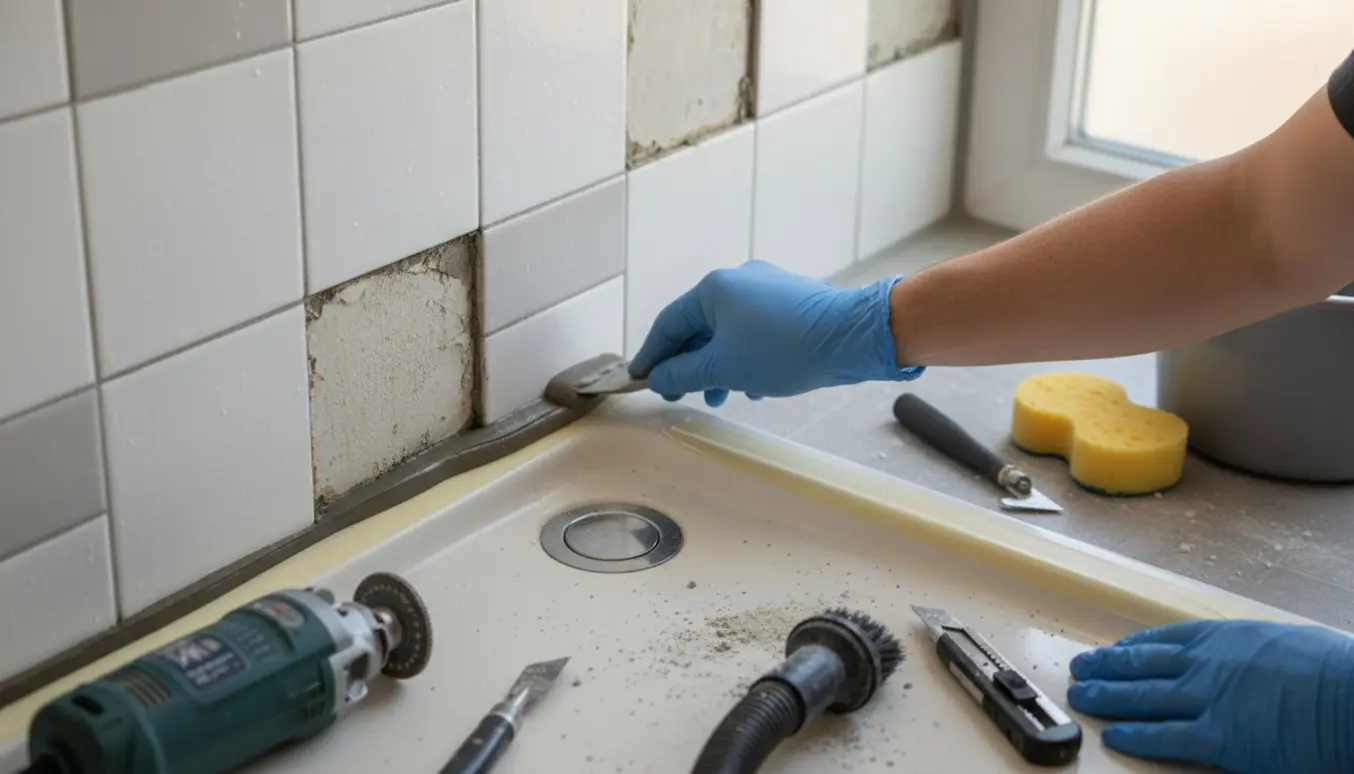 Nærbillede af hænder, der fjerner gammel mørtelfuge og påfører en mørkegrå-brun gummifuge i bunden af en brusekabine.