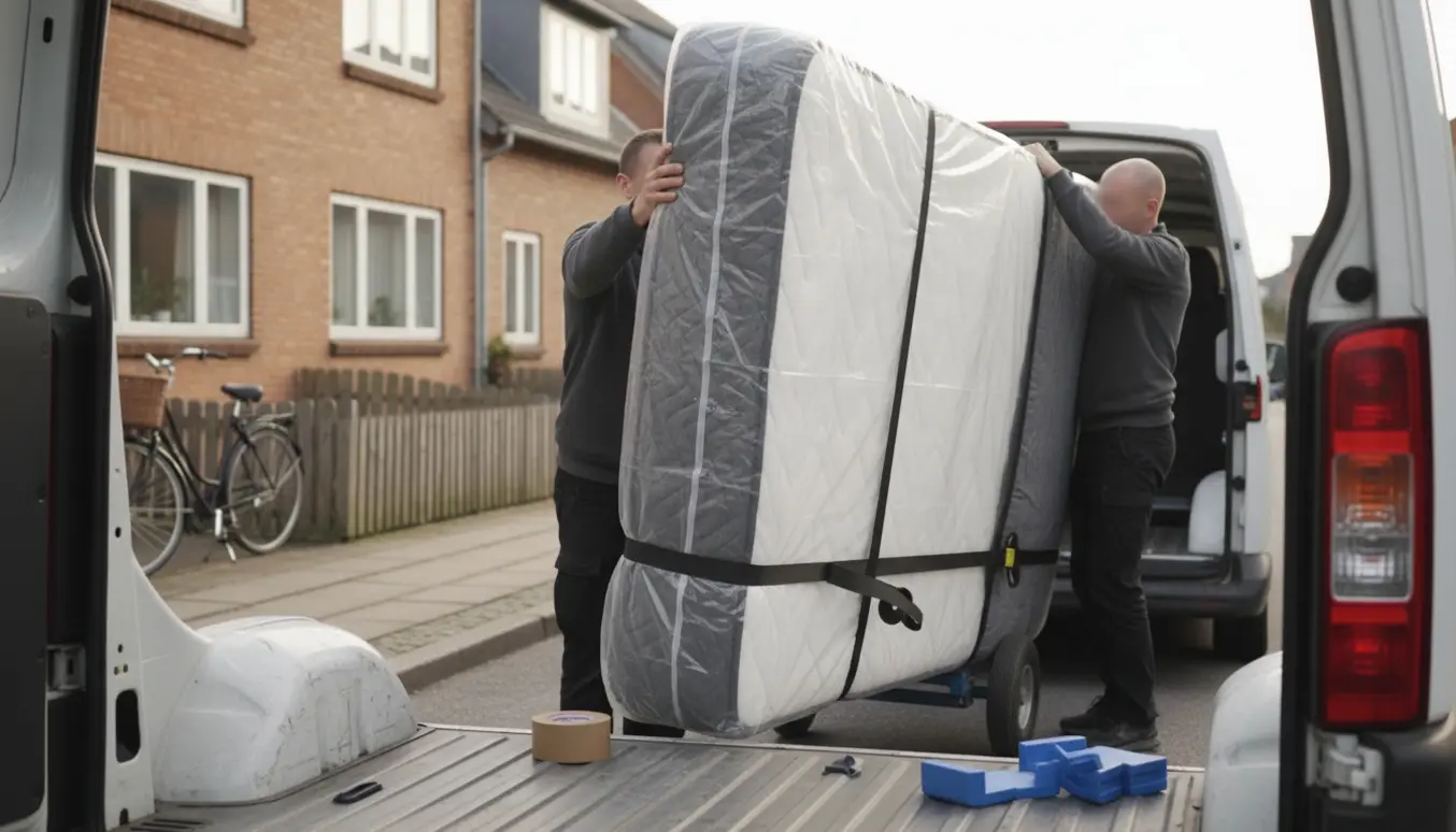 En indpakket madras (160x200) bæres ind i en åben flyttebil på en stille dansk villavej.