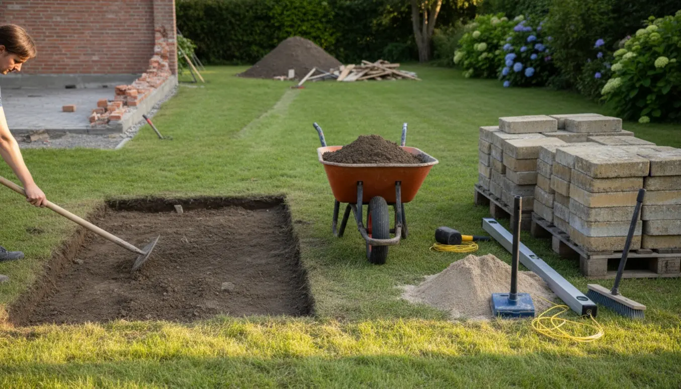 Haveprojekt med udgravet jord, trillebør og stabler af genbrugte Holmegaard-sten klar til fliselægning.