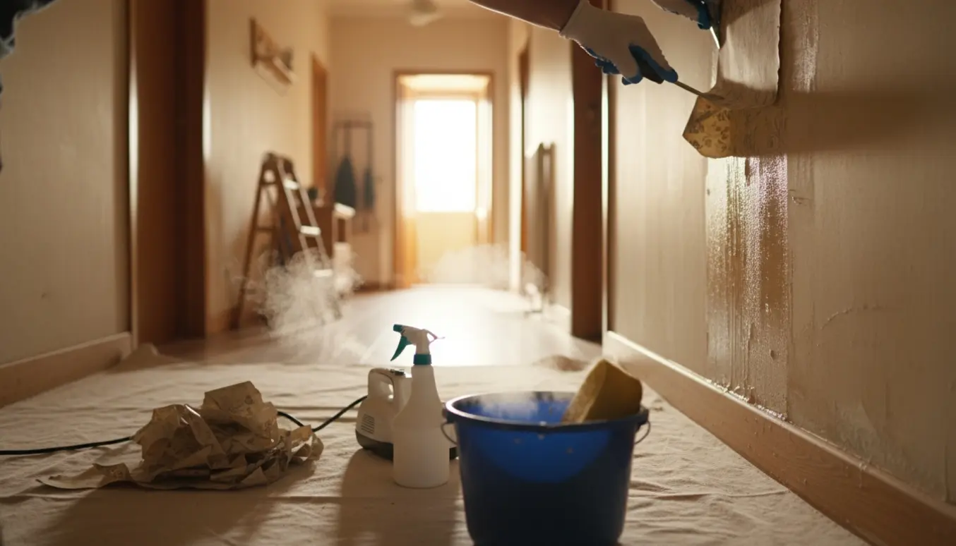 Hænder fjerner gammelt tapet i en lille, lys gang med afdækningsplast og værktøj.