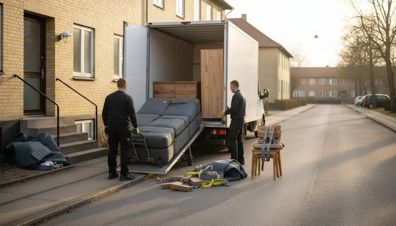 Flyttevogn læsser en adskilt sofa, et lille klædeskab, tv-bord og to stole op ved en bygning med få trapper.