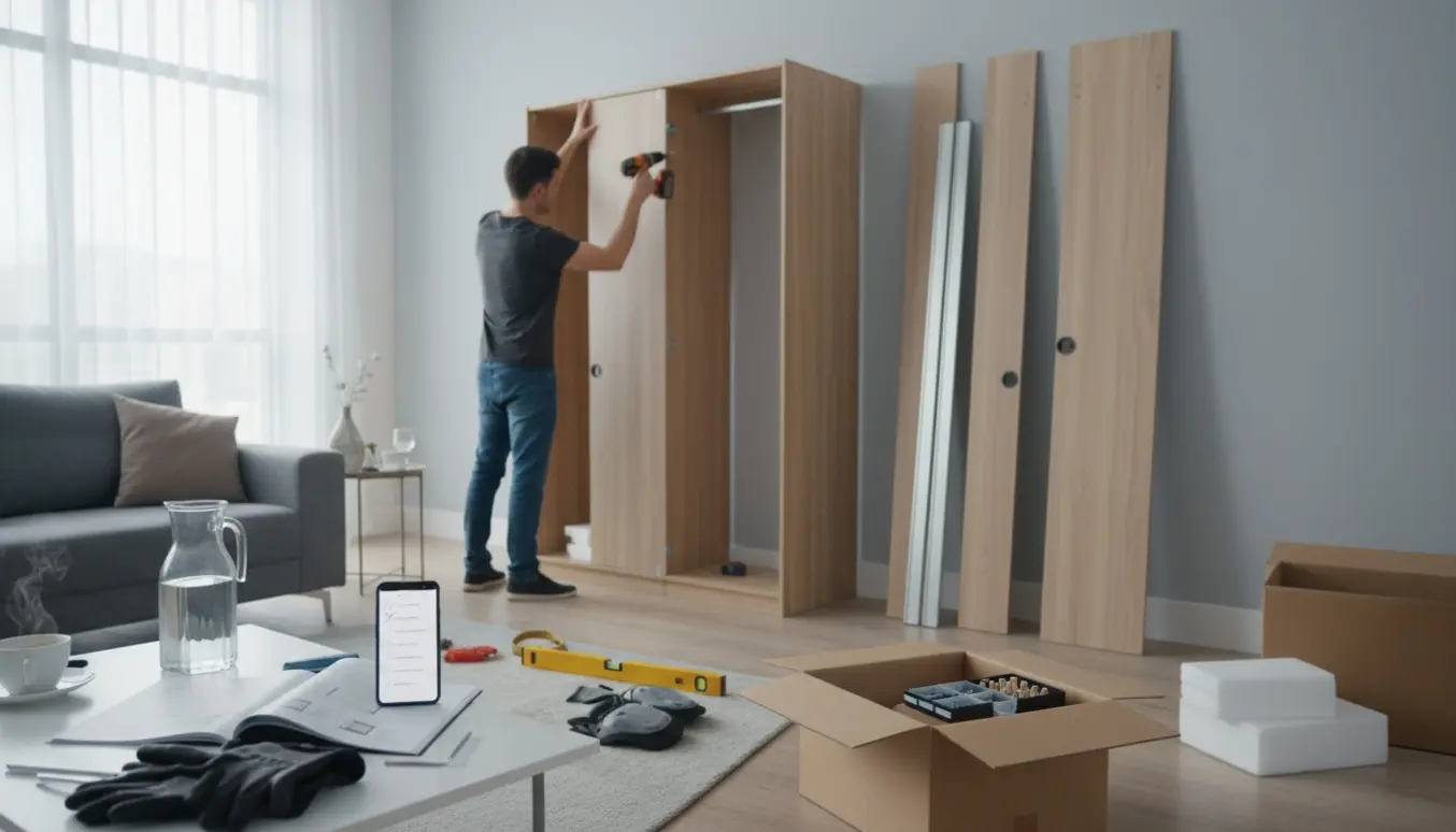 To personer samler et stort modulskab i en lys stue, værktøj og en kop kaffe ved siden af, ansigter er slørede.