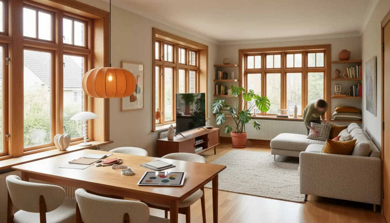 Lang, smal stue i 70'er-hus med spisebord ved store vinduer, sofa, TV og indretningsmaterialer.