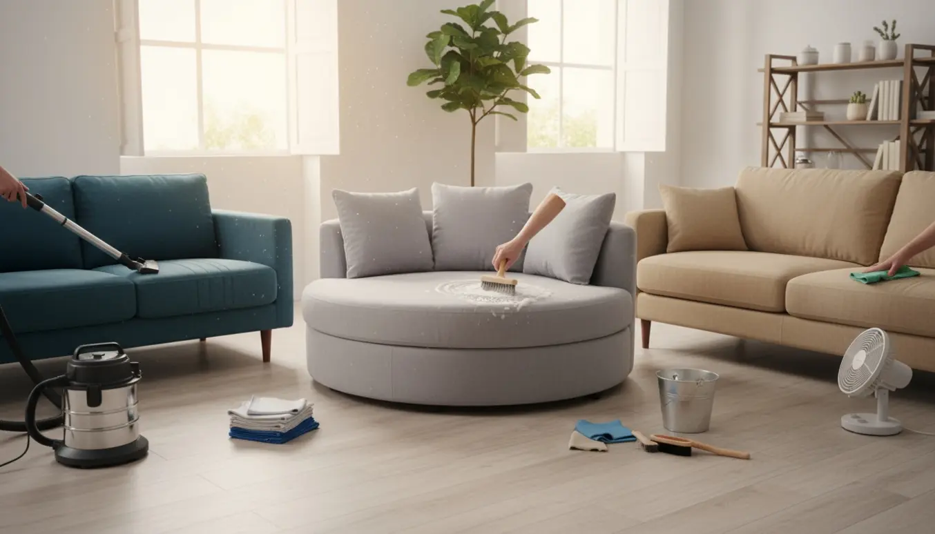 Tre sofaer — rund, 2-personers og 3-personers — under grundig rensning med støvsuger, skumrens og mikrofiberklude i et lyst rum.