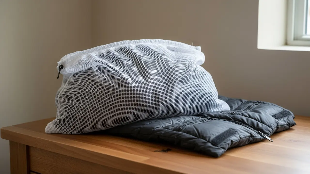 Polysterjakke vendt om og i vaskenet for skånsom vask og beskyttelse af foring