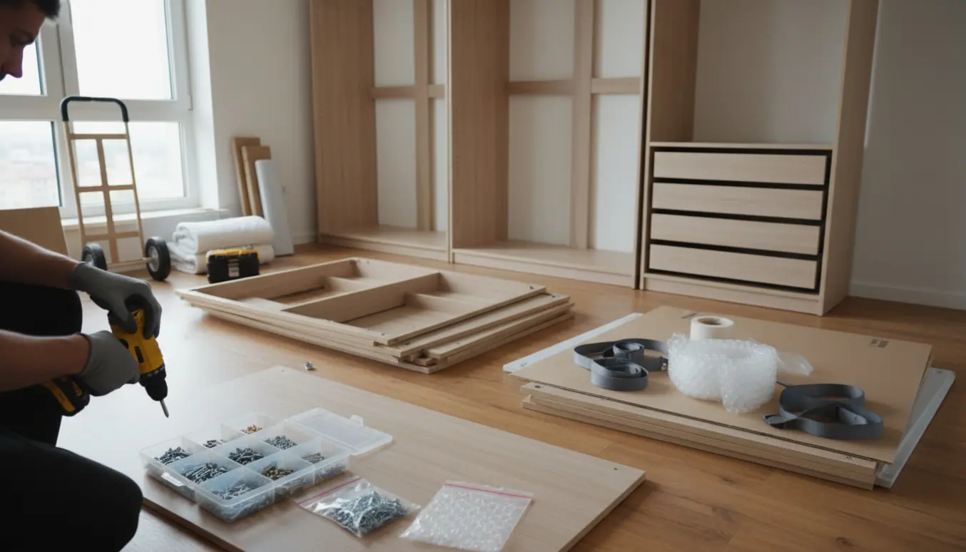 Adskilte PAX-garderobeskabsrammer på gulvet med værktøj og organiserede skruer klar til pakning.