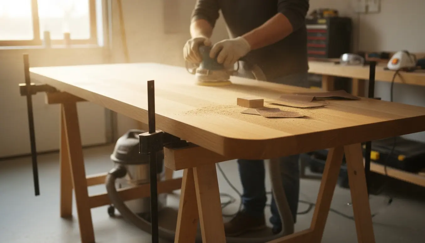 Nærbillede af slibning af en lang træbordplade på et lyst værksted med træstøv og slibemaskine.