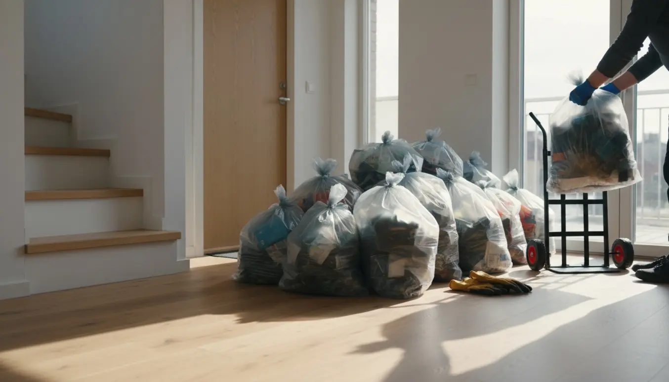 Stue med 12–15 fyldte affaldsposer ved døren og en trillebør klar ved en lille tretrins trappe.