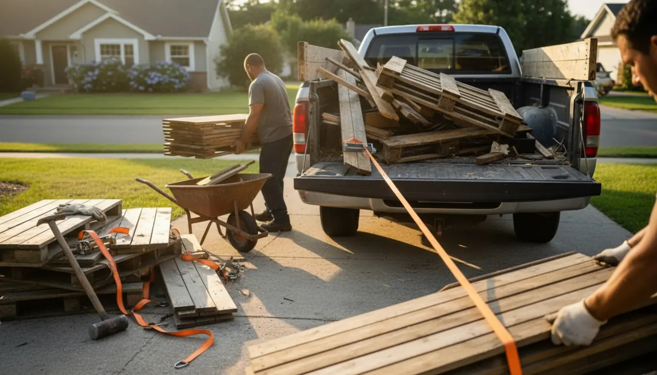 Nedrevet skur og terrasse læsses i en åben ladbil i indkørslen.