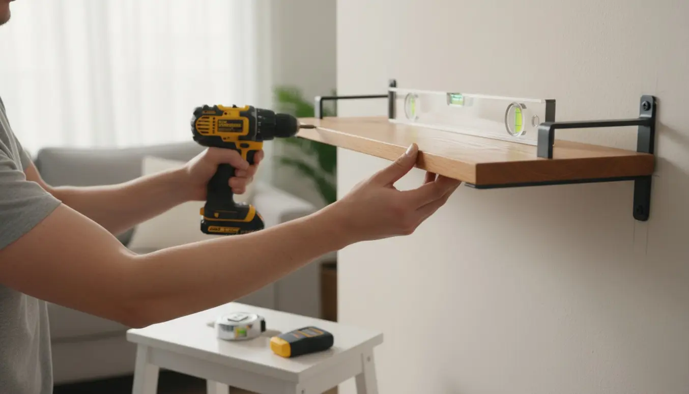 Hænder monterer en træreol på en væg med boremaskine, vaterpas og beslag.