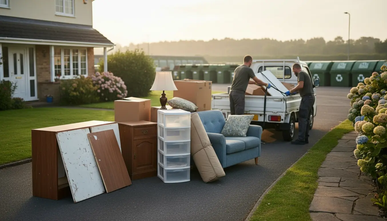 Blandet affald og møbler på en indkørsel klar til afhentning.