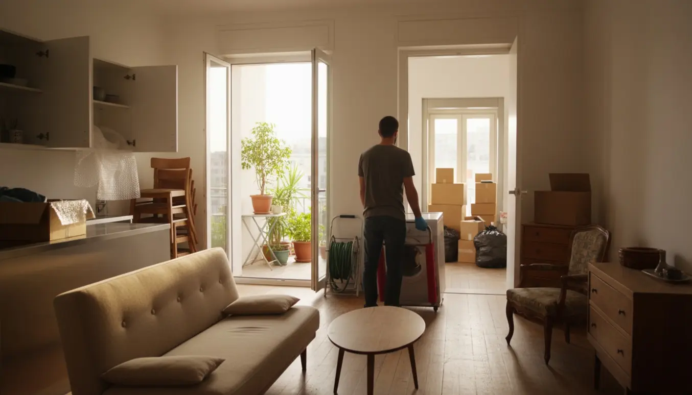 Solbelyst lejlighed på første sal under rydning med møbler, kasser og flytteudstyr ved elevatoren.