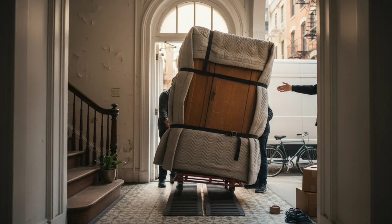 To flyttefolk løfter et stort klædeskab ind i en flyttebil, ansigter skjult.