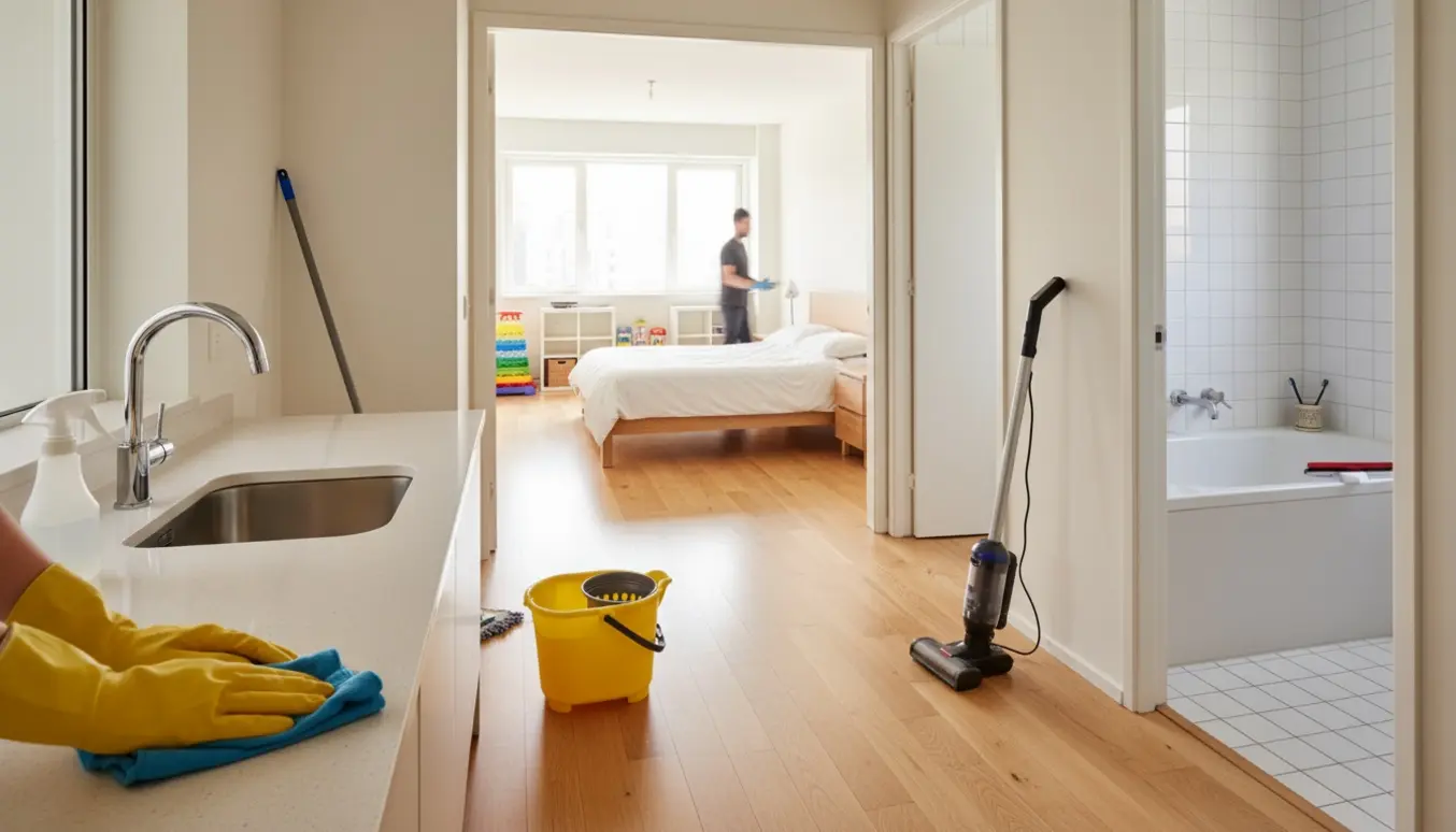 Soloplyst lejlighed under fraflytningsrengøring med handsker, moppe, støvsuger og glinsende badeværelse.