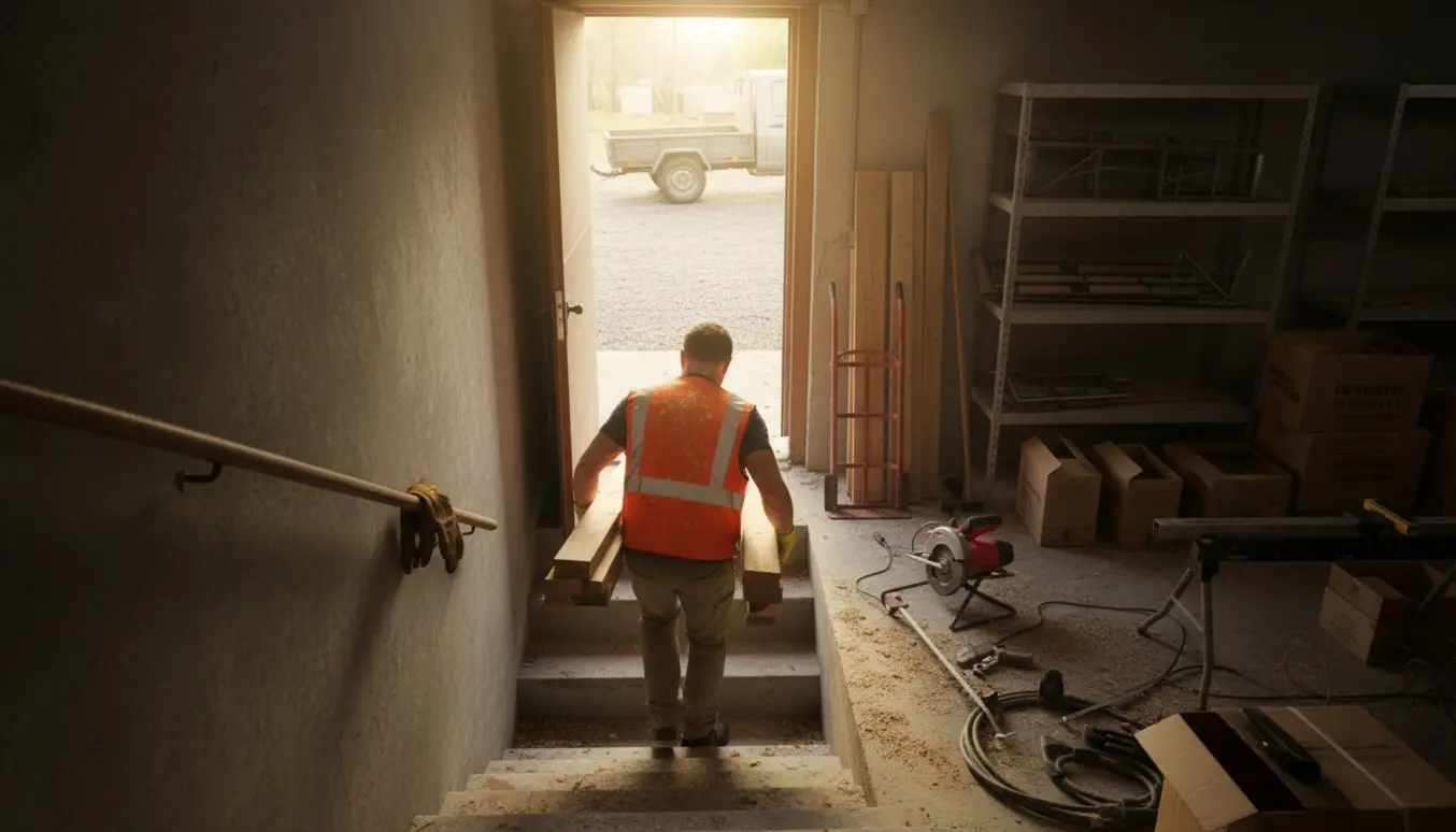 Person bærer træ op ad kældertrappe mod en trailer udenfor, omgivet af stablet træ og værktøj.