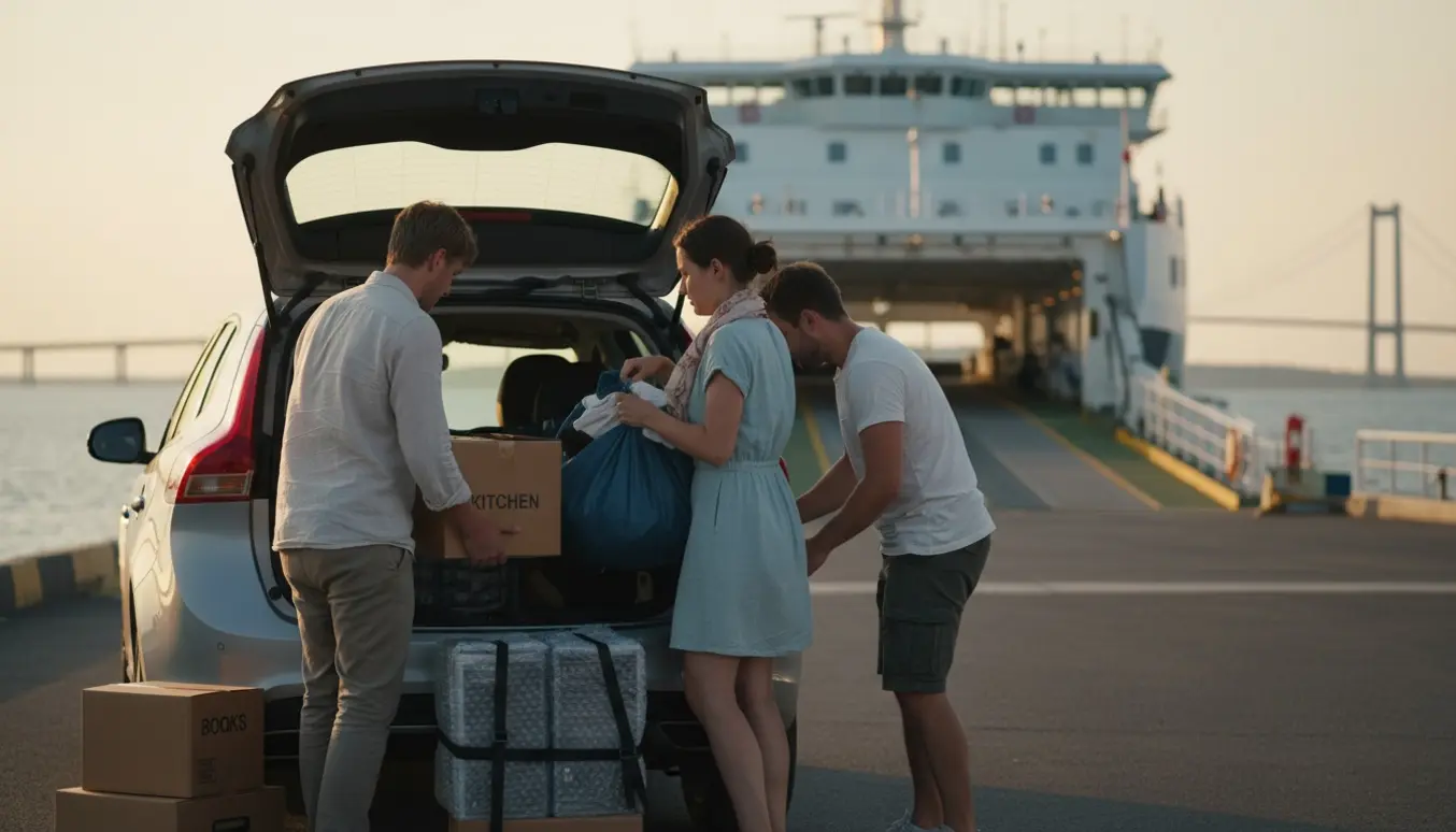 Åben bagagerum ved færgerampe i solskin med flyttekasser, tasker og to indpakkede stationære computere, tre personer set bagfra.