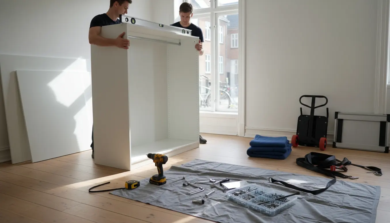 Delvist samlet 1 m bredt PAX-garderobeskab i en lys lejlighed med værktøj, flyttetæpper og en flyttedolly.