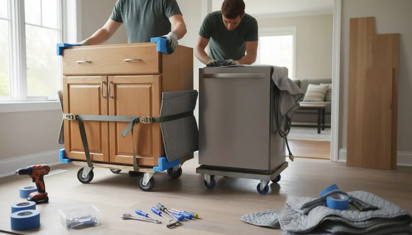 Intakte køkkenskabe og en opvaskemaskine flyttes forsigtigt gennem døren til stuen med værktøj og beskyttelsesmaterialer klar.