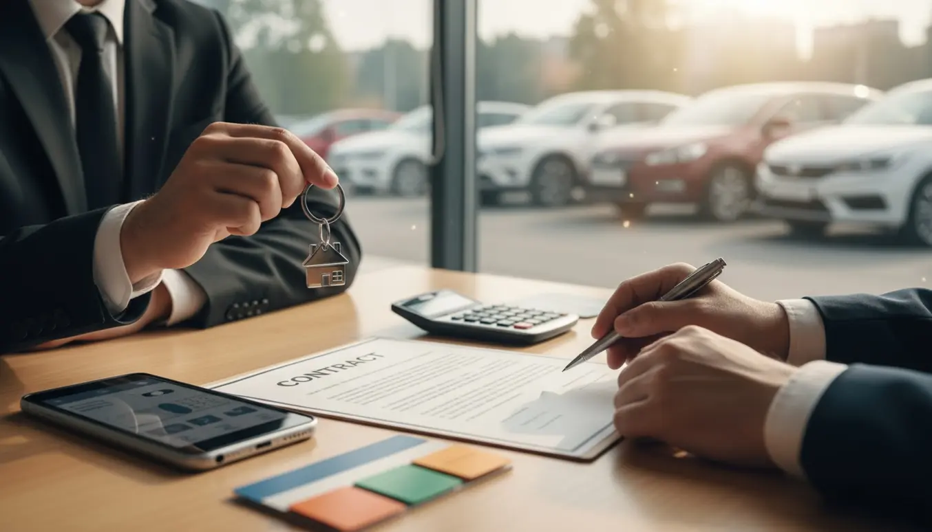 Hænder underskriver en bil-lejekontrakt ved et vindue, med bilnøgle med husformet nøglering og en bil i baggrunden.