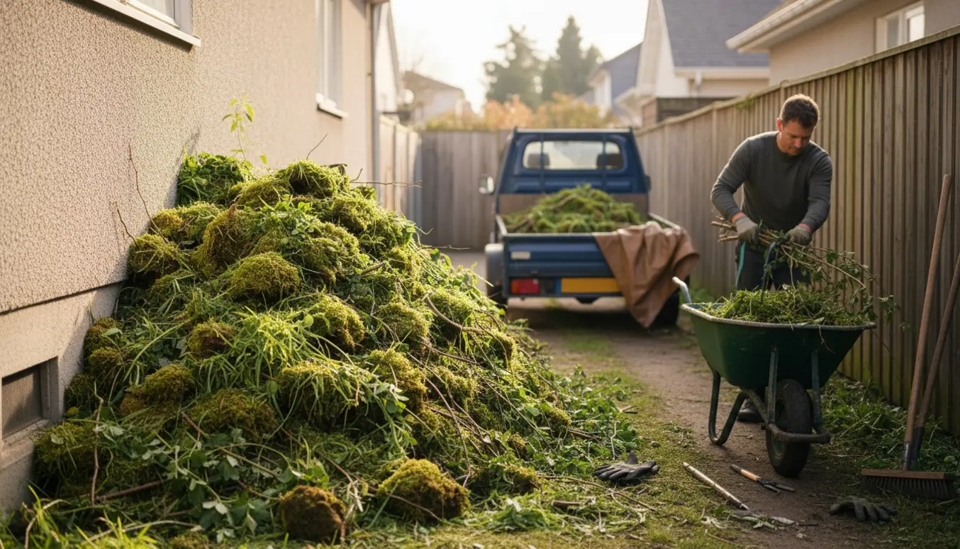 Snæver sidehave med bunke haveaffald, hvor en person læsser græs, mos og grene op i en trailer.
