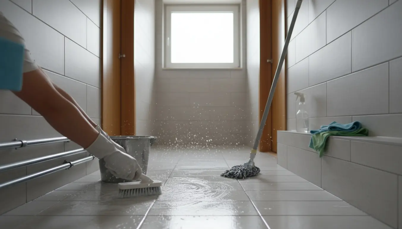 Smalt badeværelse med handske‑klædte hænder, der skrubber fliser og fuger under en grundig rengøring.