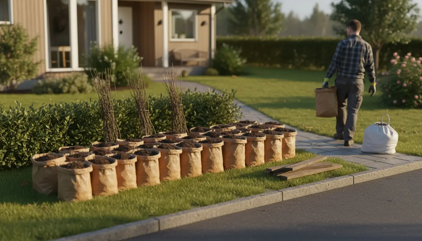 Halvfyldte papirsække med haveaffald, nogle grene og planker ved kantstenen klar til afhentning.