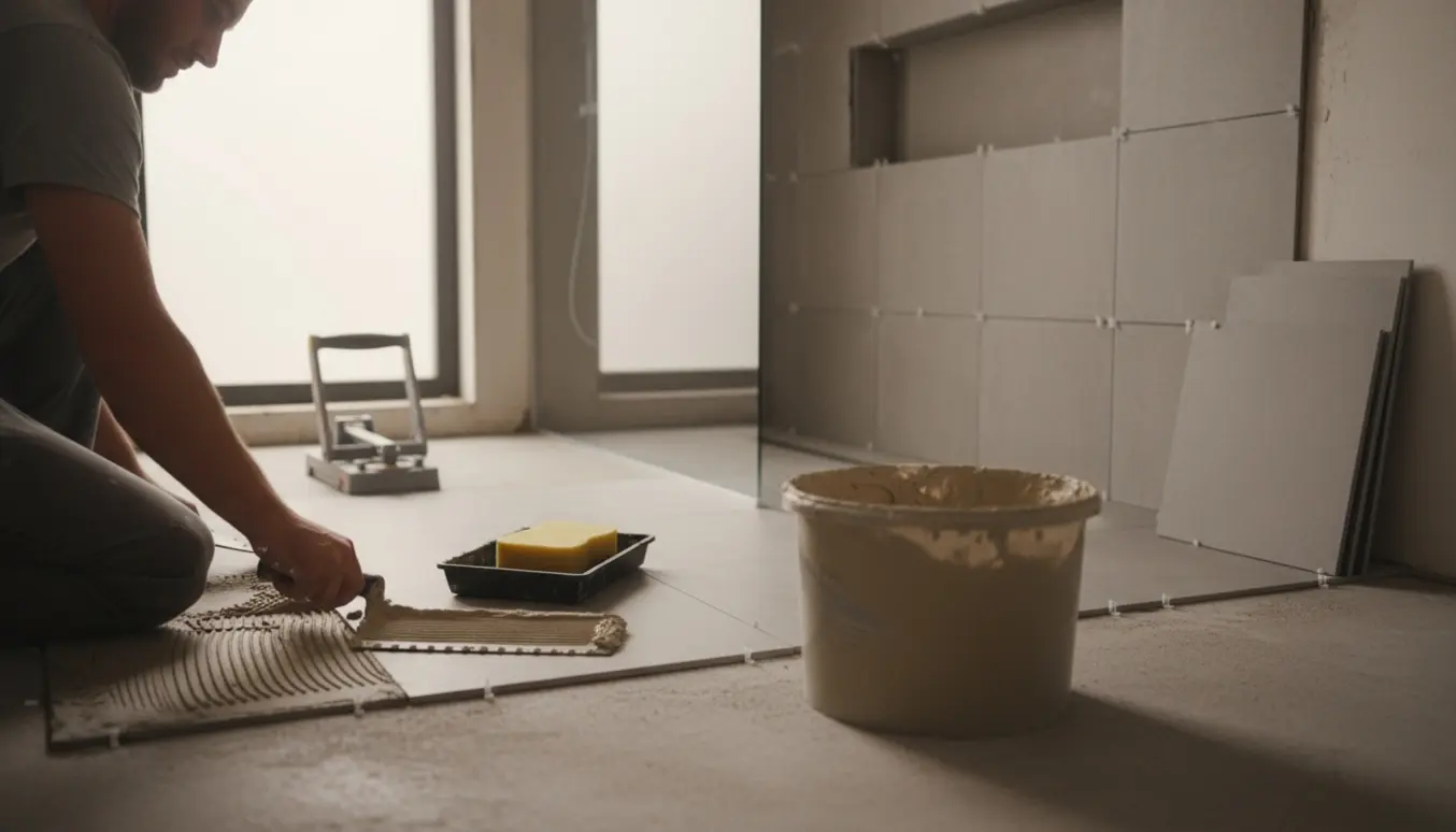 Håndværker lægger store firkantede fliser på badeværelsesgulv ved en glas bruseniche.