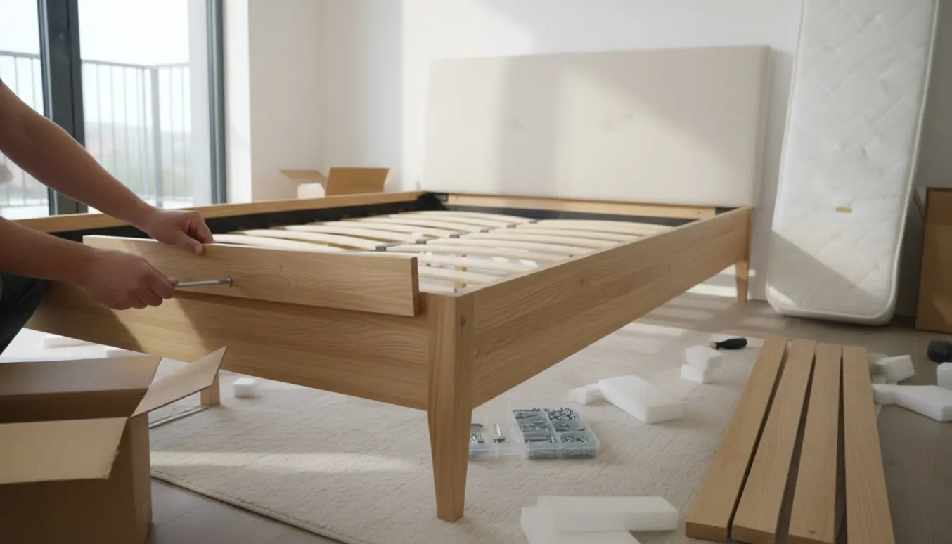 Hænder samler en seng i et lyst, minimalistisk soveværelse med sengestel, værktøj og pakkematerialer.